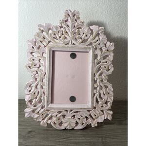 Handcrafted Carved Wood Ornate Picture Frame Pink Gold Shabby Chic Boho
